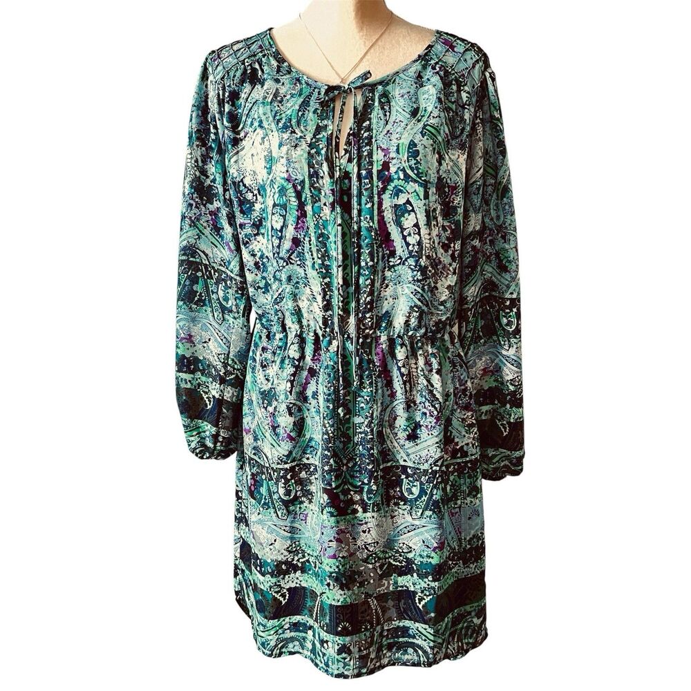 Charlie Jade Blue Green Print Dress Size Large Long Sleeve Lined High Low Hem